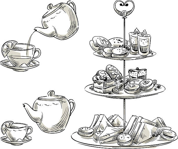 ilustrações, clipart, desenhos animados e ícones de conjunto de lanches em uma bandeja. a hora do chá. desenho de vetor. - tea cakes