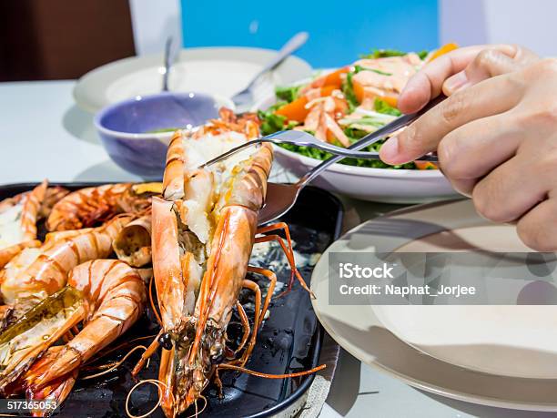 Dinner At Restaurant Roasted Black Tiger Shrimp Menu Stock Photo - Download Image Now