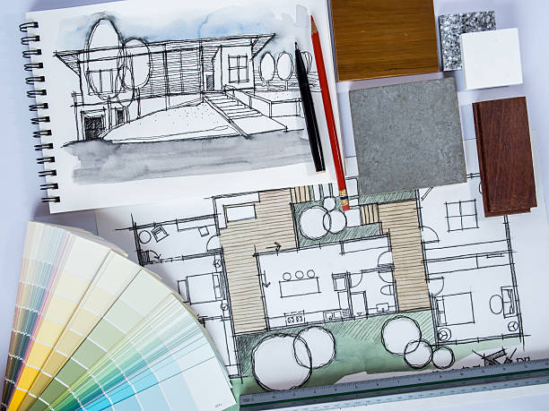 istock Concept of  home renovation with architecture drawing and material  sample 517367015