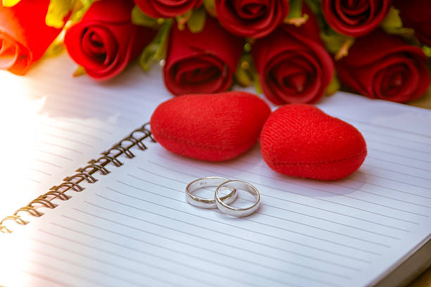 istock Two wedding rings on notebook with heart and roses 517370210