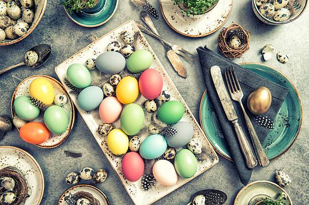 istock Easter table decoration colorful eggs vintage 517372292