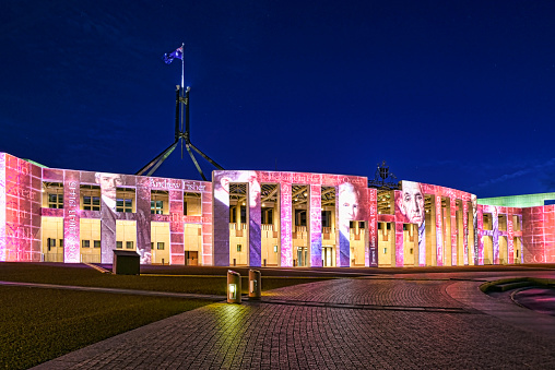 Canberra, Australia, 9 March 2016. Spectacular architectural projections light up the Parliamentary Triangle for the Enlighten Festival. Every night for one week, stunning projections illuminate major buildings such as the Parliament House.