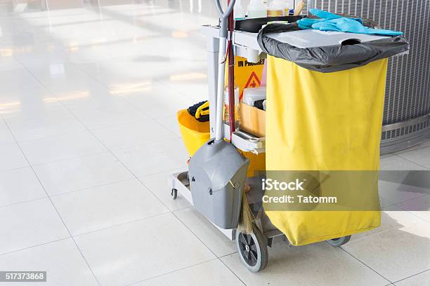 Set Of Cleaning Equipment In The Airport Stock Photo - Download Image Now - Cleaning, Lobby, Mop