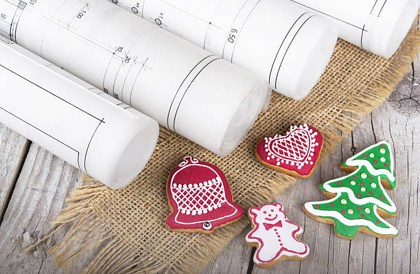 architect blueprints project and  christmas gingerbread stock photo