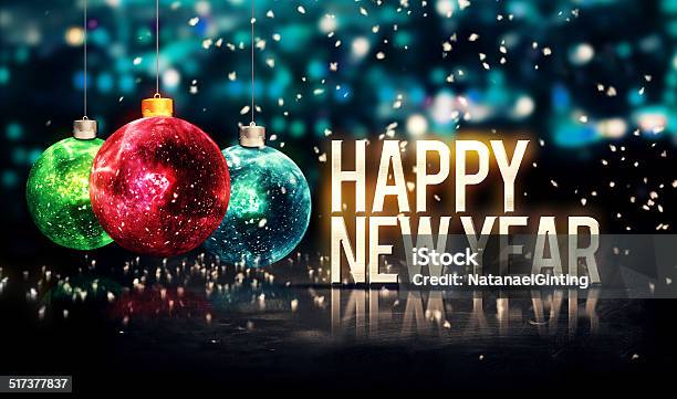 Felice Anno Nuovo Appeso Gioielli Blu Bokeh Bella 3d - Fotografie stock e altre immagini di Natale