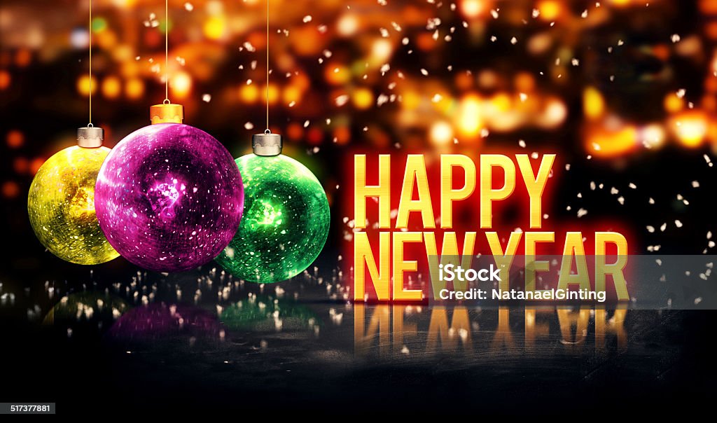 Happy New Year Hanging Baubles Yellow Bokeh Beautiful 3D 2015 Stock Photo