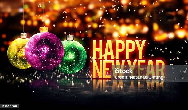 Happy New Year Hanging Baubles Yellow Bokeh Beautiful 3d Stock Photo - Download Image Now