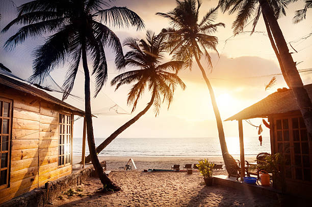 wunderschöner sonnenuntergang am tropischen strand - goa stock-fotos und bilder