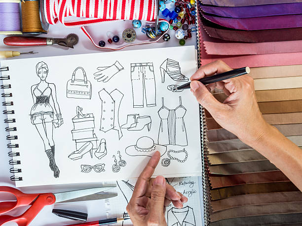 istock Fashion designer drawing illustration with material sample 517381155