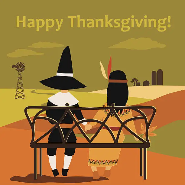 Vector illustration of Thanksgiving card with dressed up kids