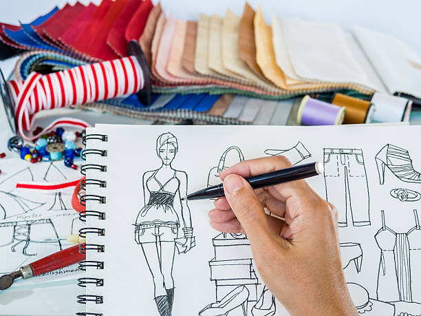 istock Fashion designer drawing illustration with material sample 517382541