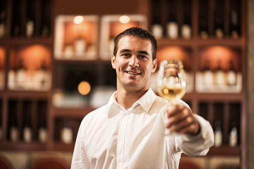 Happy young businessman toasting with wine and looking at the camera.  