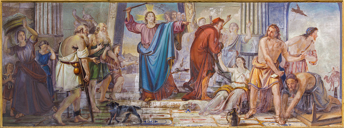 Bergamo - The fresco of Jesus Cleanses the Temple scene in church Santa Maria Immacolata delle Grazie by Giambattista Epis (1867).