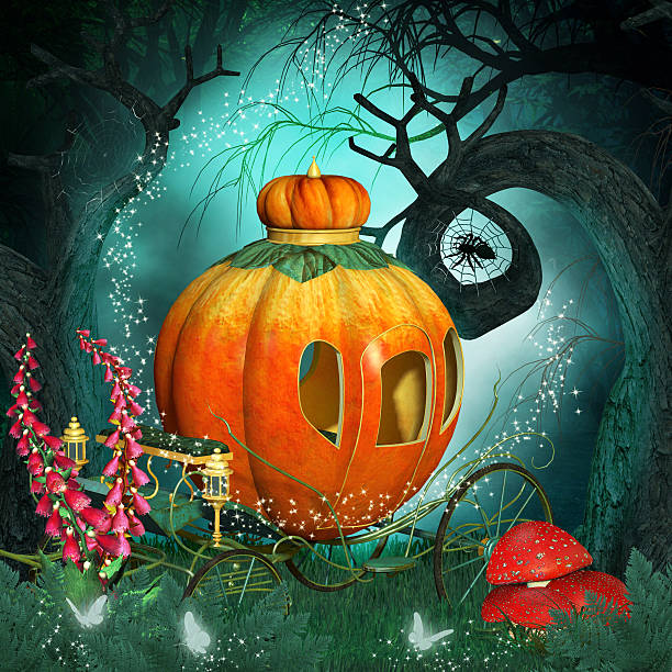 istock Magical background with pumpkin carriage and creepy trees 517398861