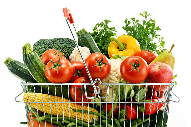 istock Wire shopping basket with groceries isolated on white 517403415