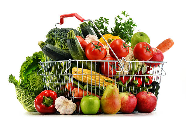 istock Wire shopping basket with groceries isolated on white 517403417