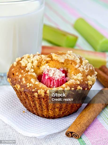 Cupcake With Rhubarb And Milk On Napkin Stock Photo - Download Image Now - Backgrounds, Baked, Baked Pastry Item
