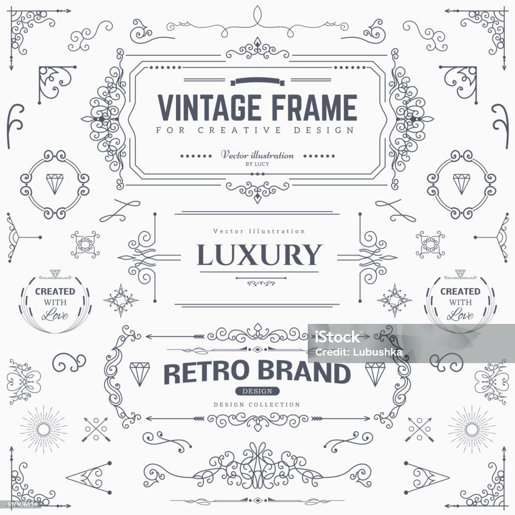 Design collection of vintage patterns Collection of vintage patterns. Flourishes calligraphic ornaments and frames. Retro style of design elements, postcard, banners. Vector template Flourish - Art stock vector
