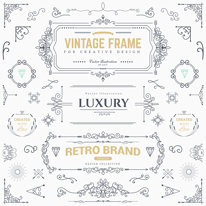 Collection of vintage patterns. Flourishes calligraphic ornaments and frames. Retro style of design elements, postcard, banners. Vector template