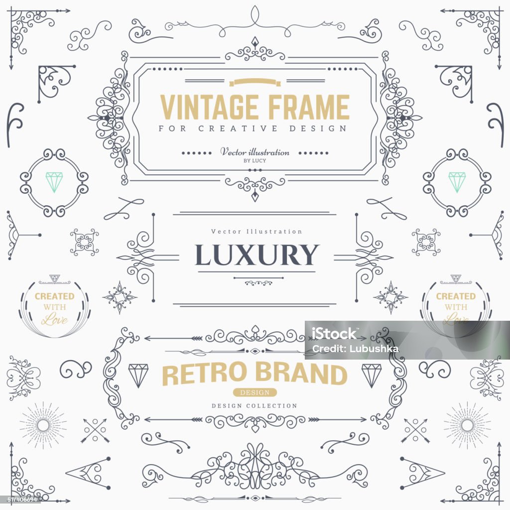 Design collection of vintage patterns Collection of vintage patterns. Flourishes calligraphic ornaments and frames. Retro style of design elements, postcard, banners. Vector template Geographical Border stock vector