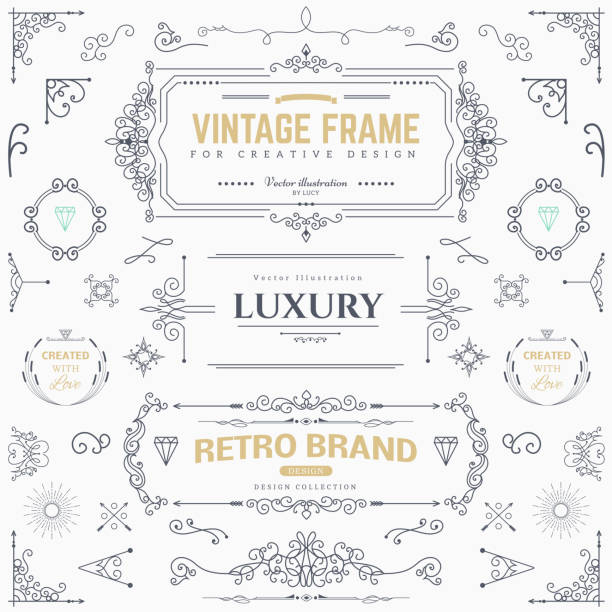 Design collection of vintage patterns Collection of vintage patterns. Flourishes calligraphic ornaments and frames. Retro style of design elements, postcard, banners. Vector template international border stock illustrations