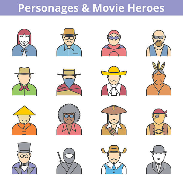 illustrazioni stock, clip art, cartoni animati e icone di tendenza di gli eroi linea gruppo di icone di film - mask superhero heroes men
