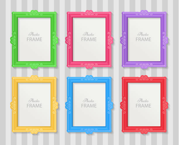 Photo frames concept Realistic design photo frames on white background. Decorative template for baby, family or memories. Scrapbook concept, vector illustration. Birthday gallery picture frames wall set pictures stock illustrations