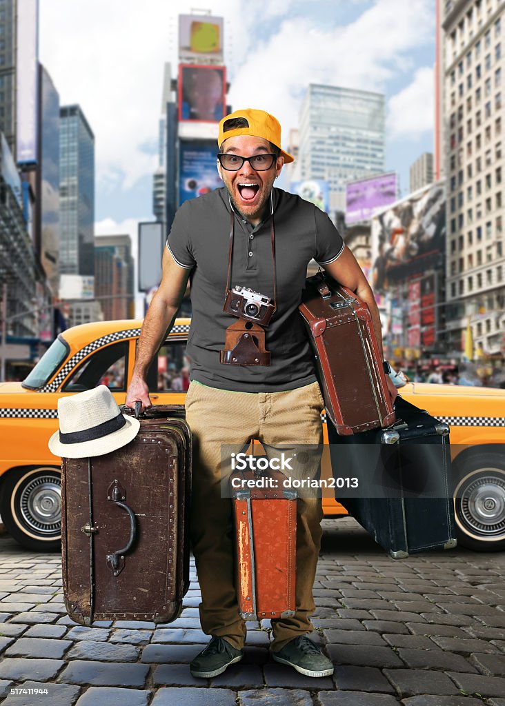 Tourist in the USA Tourist on vacation with a luggage in USA Backpack Stock Photo