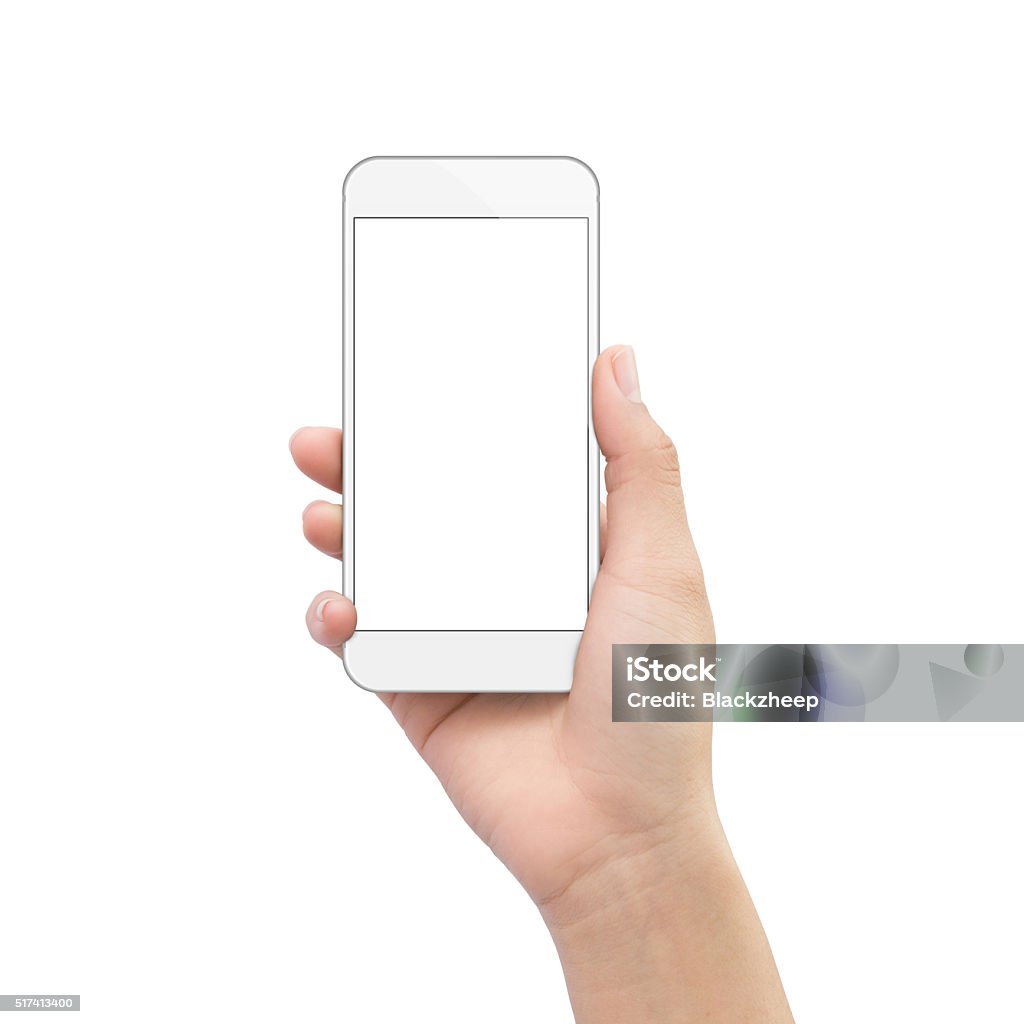 hand holding phone isolated on white clipping path inside Cut Out Stock Photo