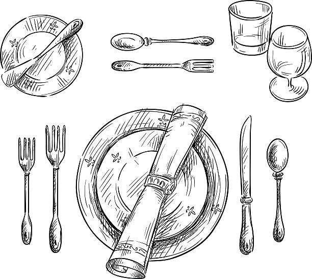 Table setting. Vector sketch. Table setting. Vector sketch. formal dinning stock illustrations