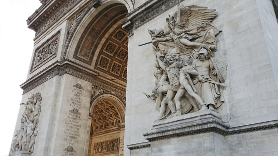 Arc de Triomphe in the 8th district of Paris, France. Close up of La Marseillaise. 