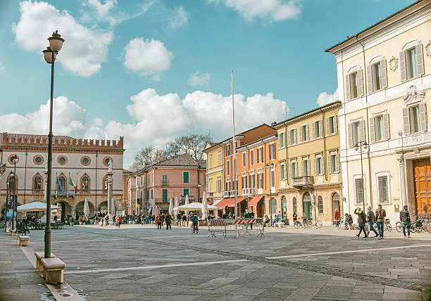 Ravenna, Italy - March 12, 2016: People enjoy their free time in Piazza del Popolo, main city square of Ravenna, Emilia Romagna beautiful historic town