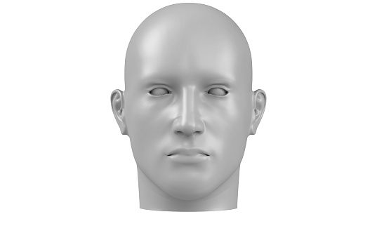 3d model of a humane head with white skin isolated on white. it is a man face with bold head showing the man profile.