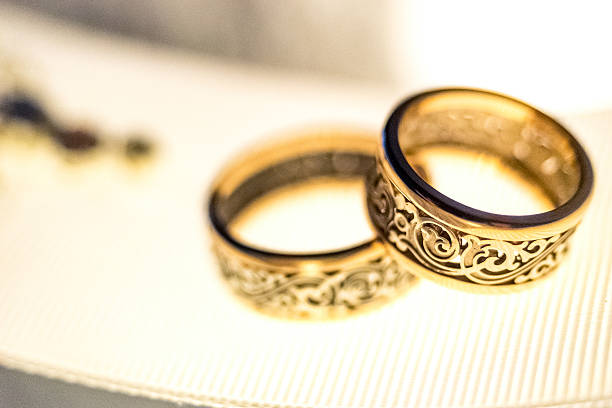 istock Wedding gold rings on white ribbon 517417054