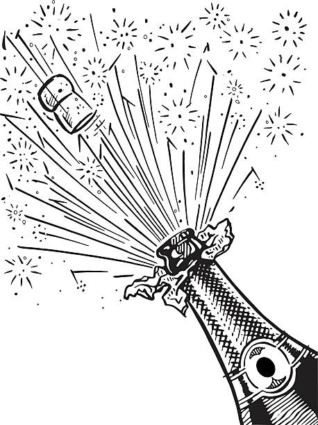 champagne bottle Illustration of a champagne bottle exploding in retro style. black and white party stock illustrations