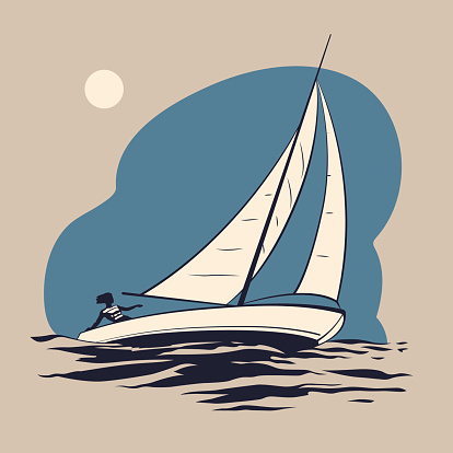 Girl riding on a sailing boat on the sea waves vector illustration