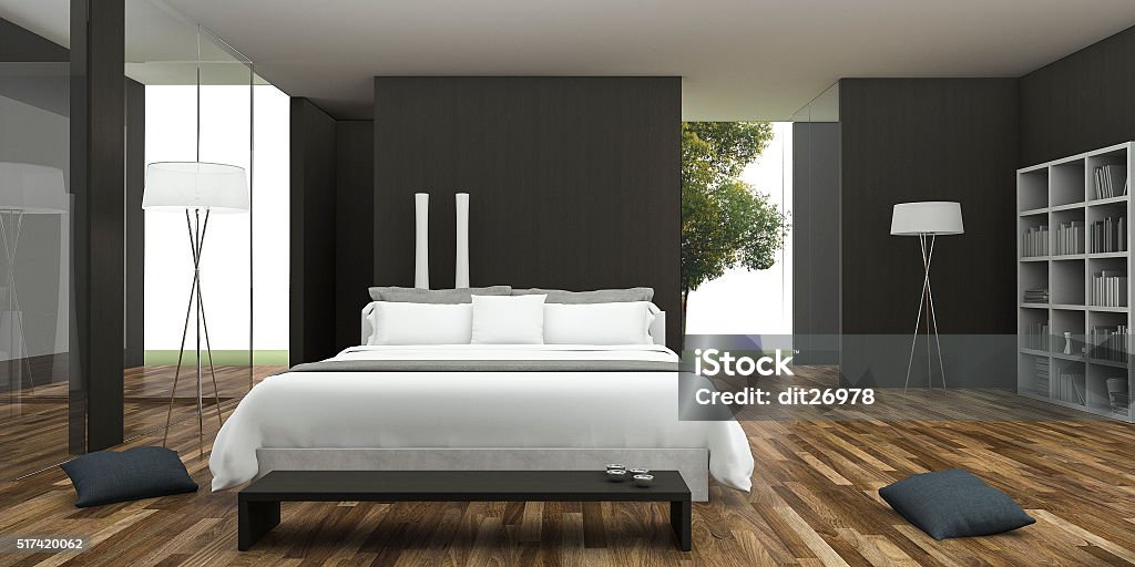 3 d Abbildung moderne Holzboden Schlafzimmer mit Bücherregal - Lizenzfrei Architektur Stock-Foto