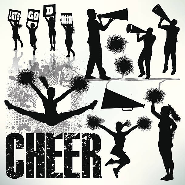 Cheerleading, Cheerleaders, Sports Set Graphic silhouette illustrations of girls and boy cheerleaders. Scale to any size. Color changes a snap. Check out my "Flaming Sports Balls and more" light box for more. megaphone silhouettes stock illustrations