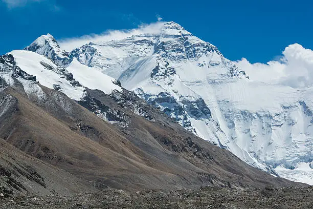The mighty northface from Mt. Everest, with 8848 m altitude the highest mountain of the world. Seen from the basecamp near Rongbuk Monastery (about 5000 m, the highest monastery in the world).