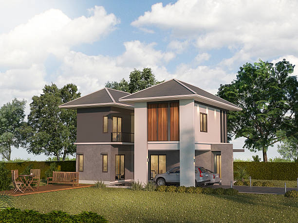 istock 3d rendering beautiful green grass near luxury twin house 517421142