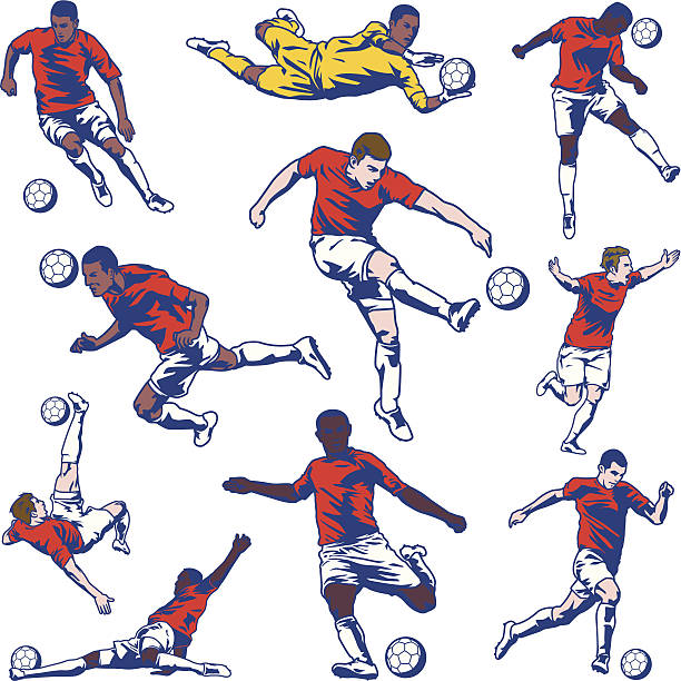 ilustrações de stock, clip art, desenhos animados e ícones de conjunto de jogador de futebol - atirar à baliza ilustrações