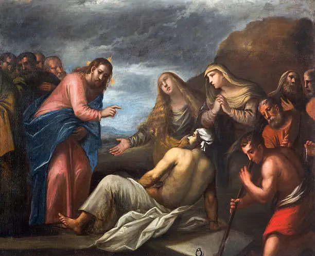 Padua - Paint of the Resurrection of Lazarus scene in the church Chiesa di San Gaetano and the chapel of the Crucifixion by unknown painter from 17th century