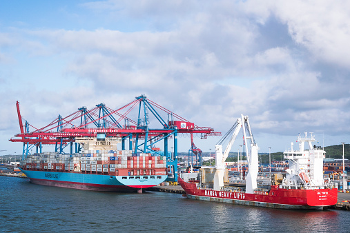Gothenburg, Sweden - August 16, 2014: Container ship GERDA MAERSK moored at the Goteborgs Hamn container terminal in the city of Gothenburg, Sweden.