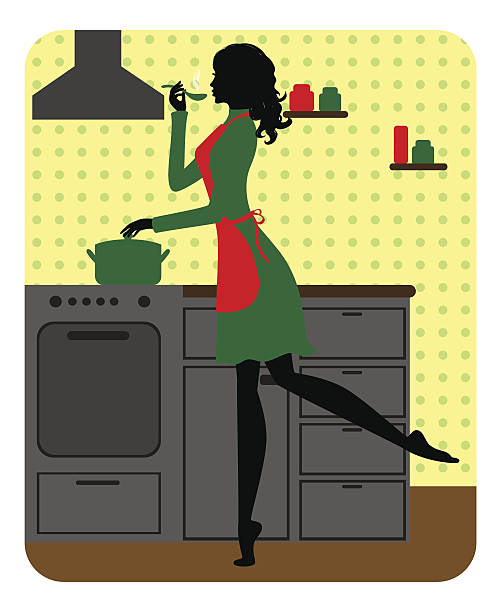 Silhouette of beautiful girl cooking Silhouette of beautiful girl cooking cooking silhouettes stock illustrations