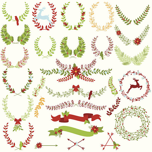 벡터 컬렉션 크리스마스 테마 laurels 및 wreaths - wreath christmas bow holiday stock illustrations