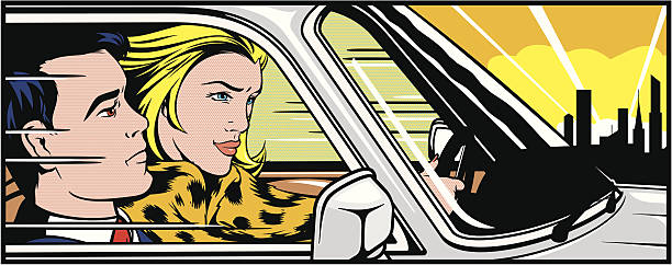 Woman driving a man around Role reversal version of Roy Lichtensteins 'In The Car'. Woman driving a car with a male passenger. gender change stock illustrations