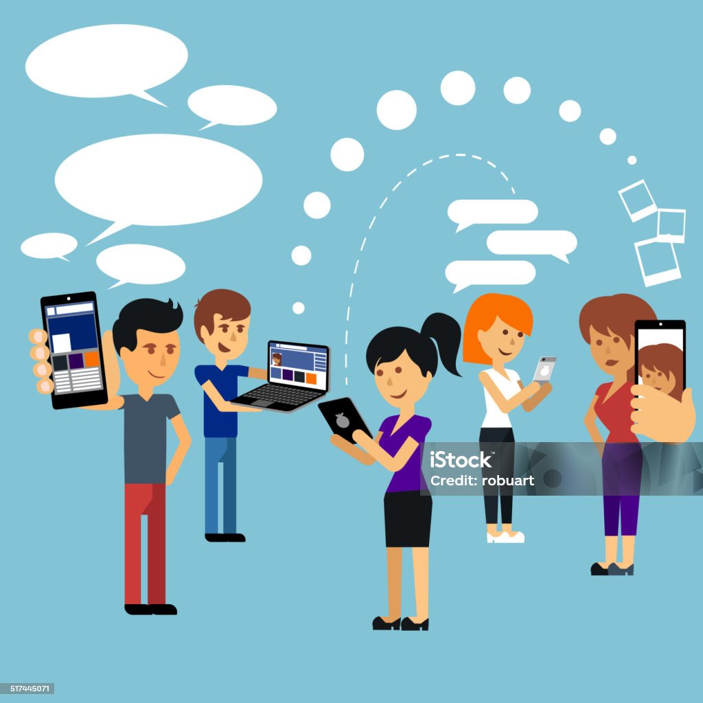 Young people man and woman using technology gadget Young people man and woman using technology gadget smartphone mobile phone tablet pc laptop computer in social network communication concept flat design cartoon style with copyspace Adult stock vector