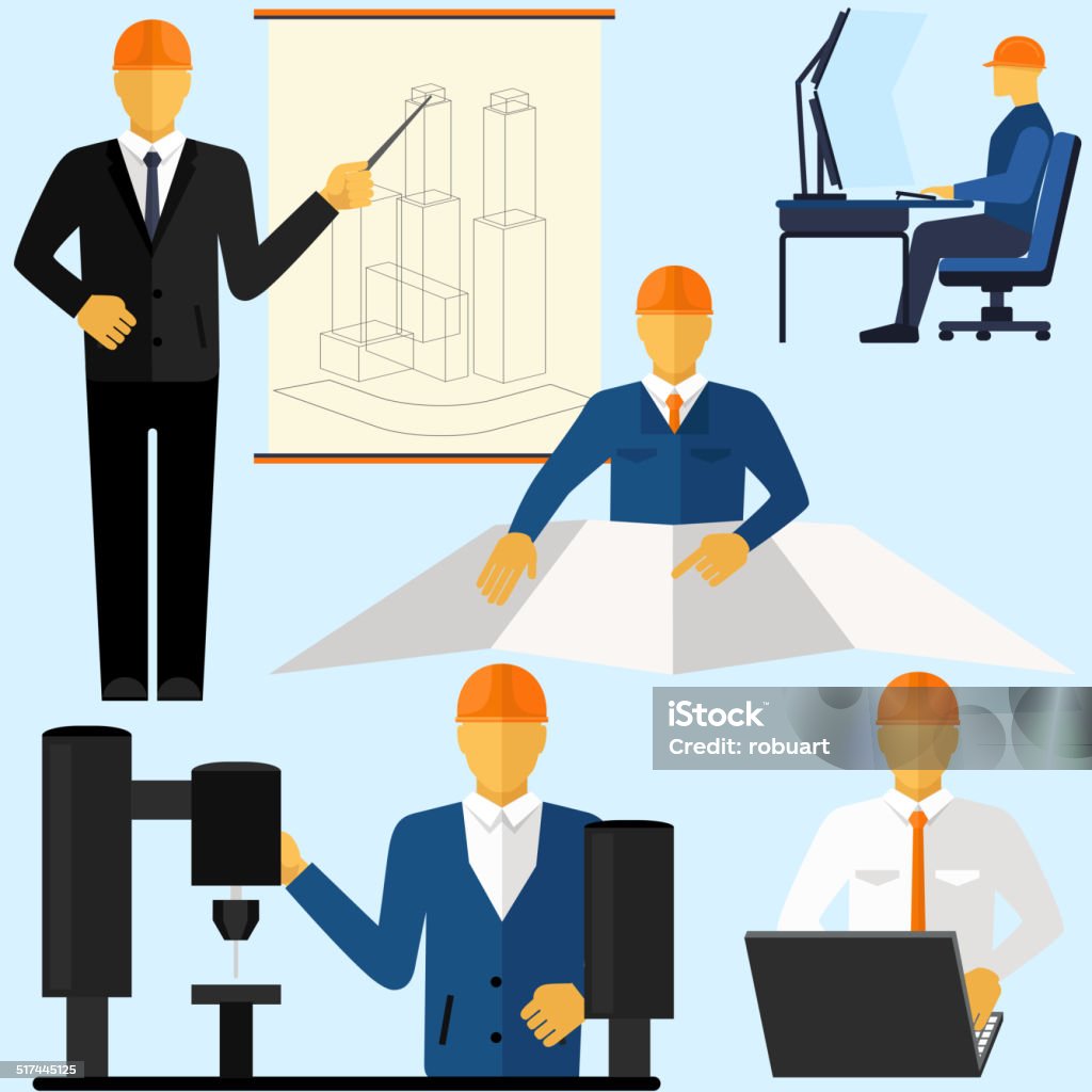 Factory production process of manufacture Factory production process of manufacture design production assembly control delivery service call. Engineer sitting on chair at table in front of computer monitor and shining screen cartoon flat design style Activity stock vector