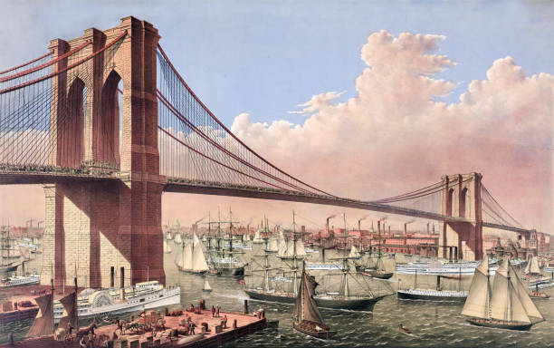 ilustraciones, imágenes clip art, dibujos animados e iconos de stock de el puente de brooklyn - east river illustrations