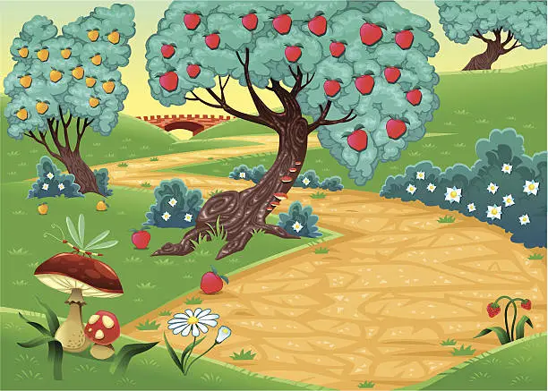 Vector illustration of Wood with fruit trees.